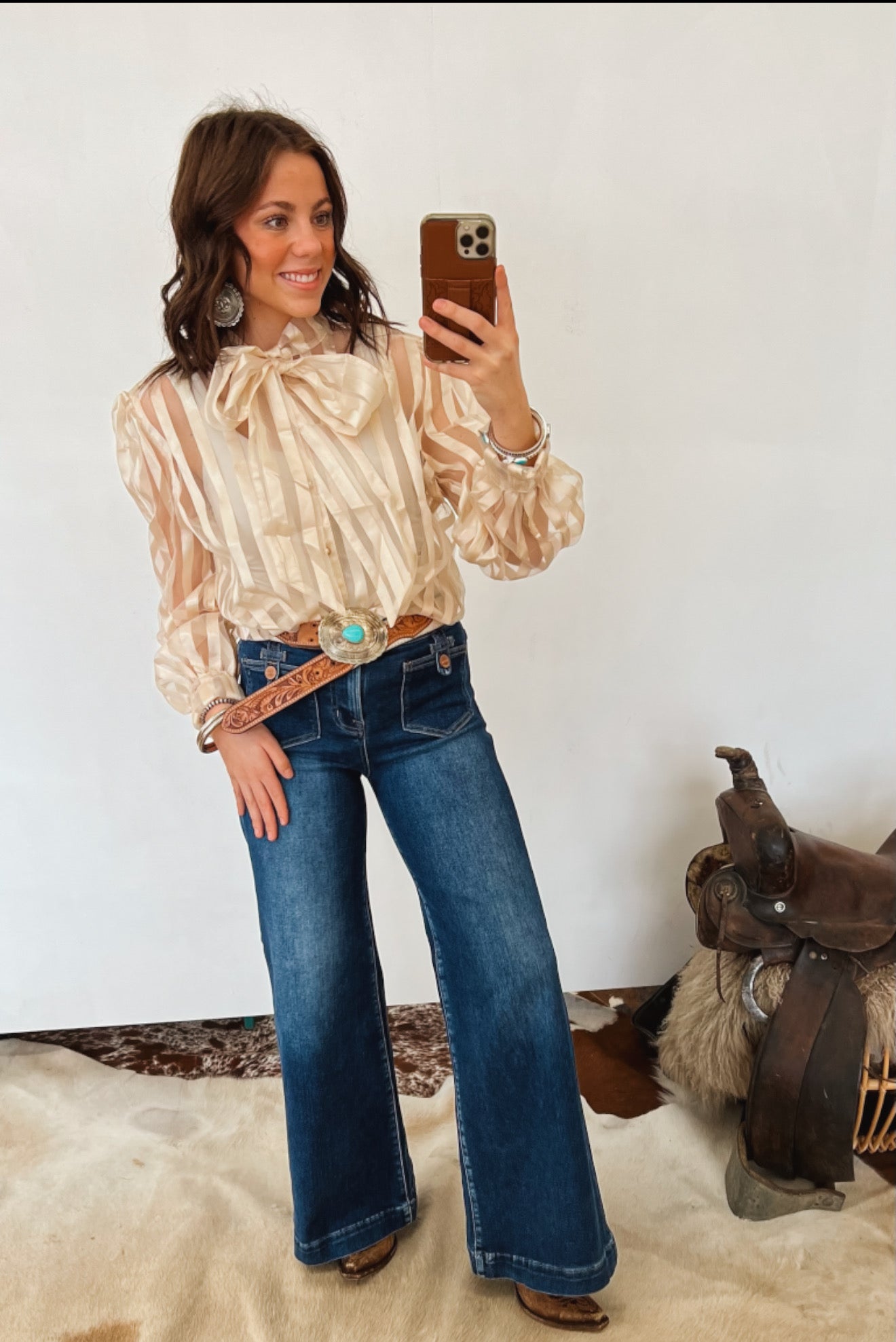 Rocky Striped Sheer Front Tie Blouse (Cream) Top