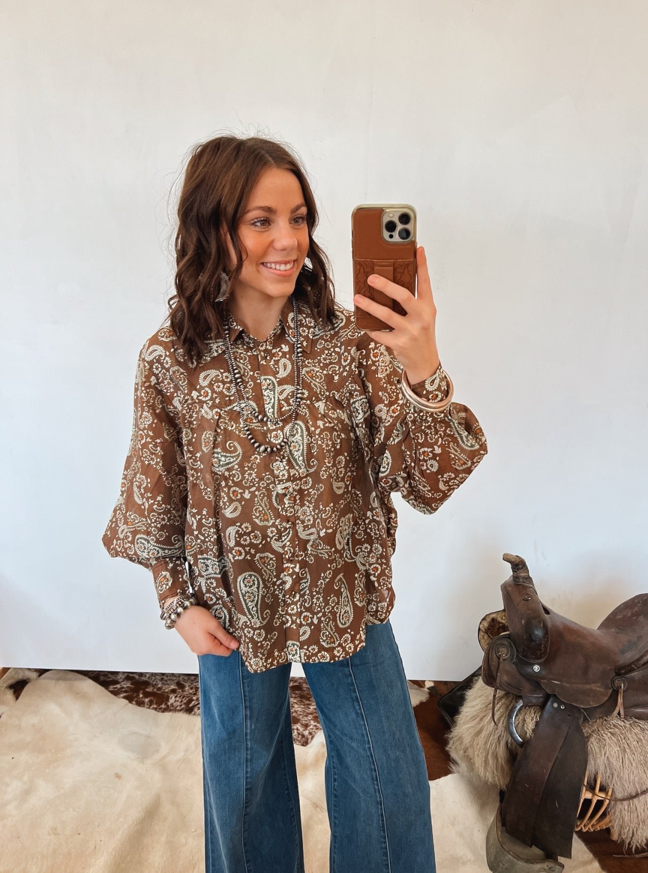Paisley Button Down Blouse Tops -Blouses