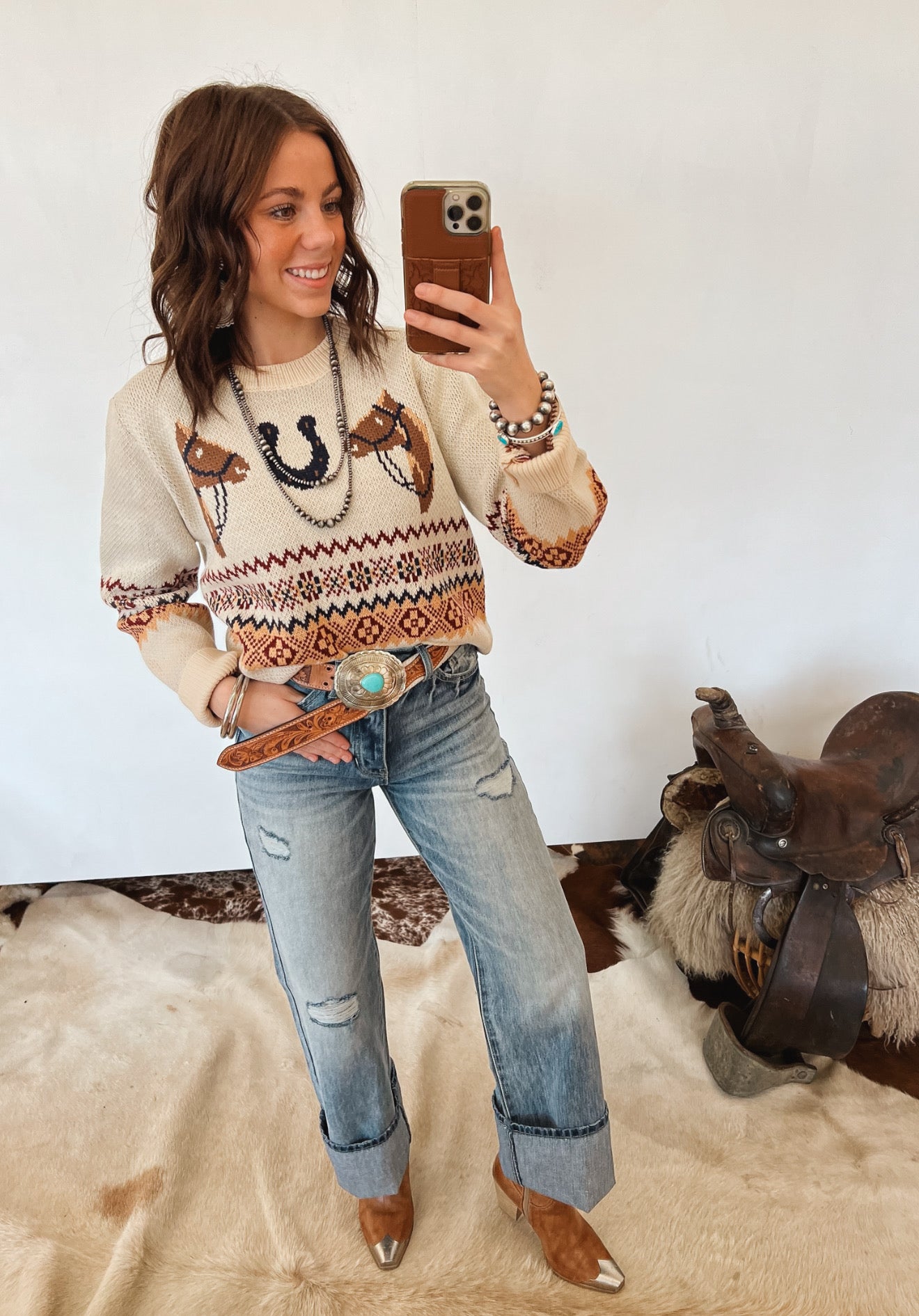 Retro Horse Sweater (Ecru) Tops - Outwear