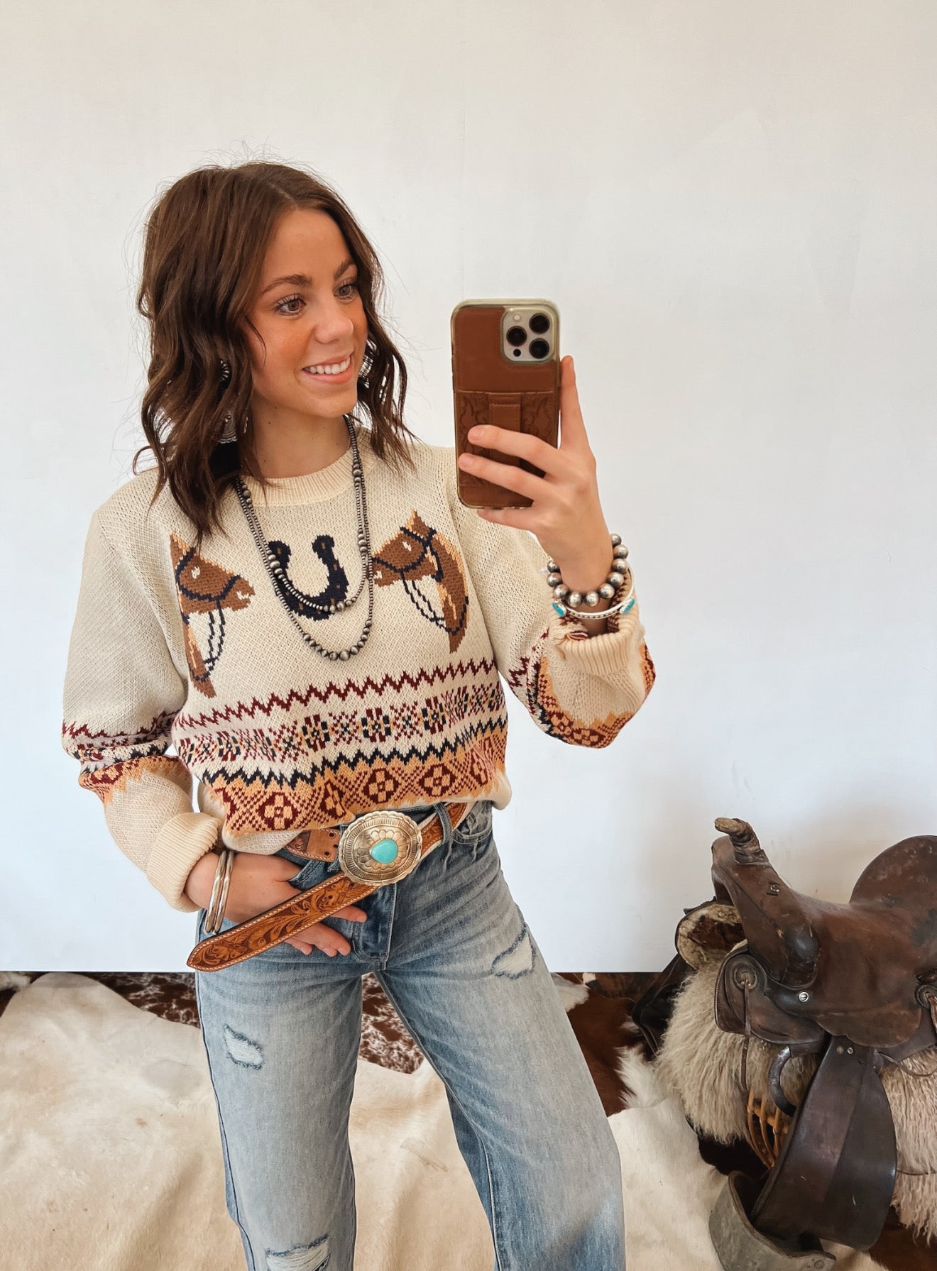 Retro Horse Sweater (Ecru) Tops - Outwear