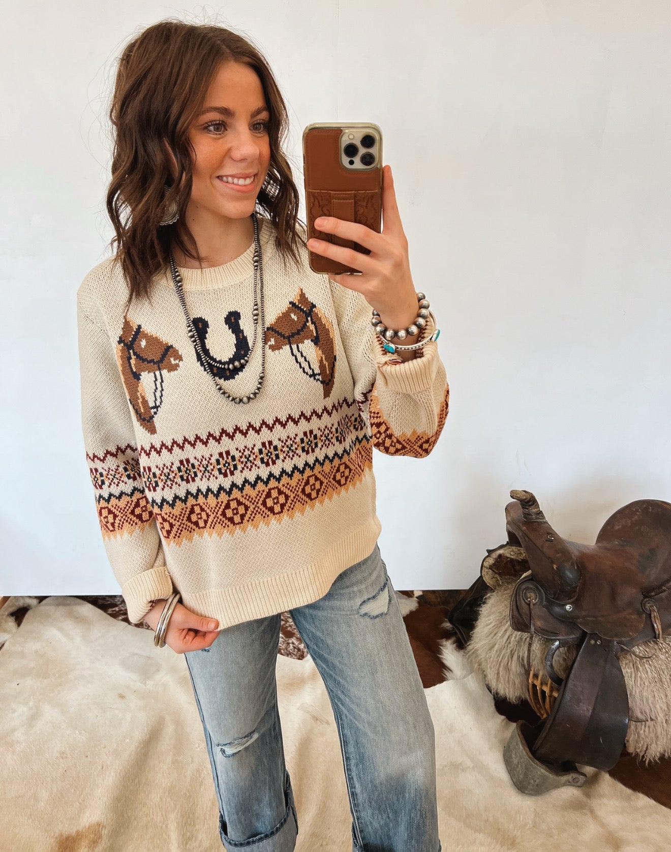 Retro Horse Sweater (Ecru) Tops - Outwear