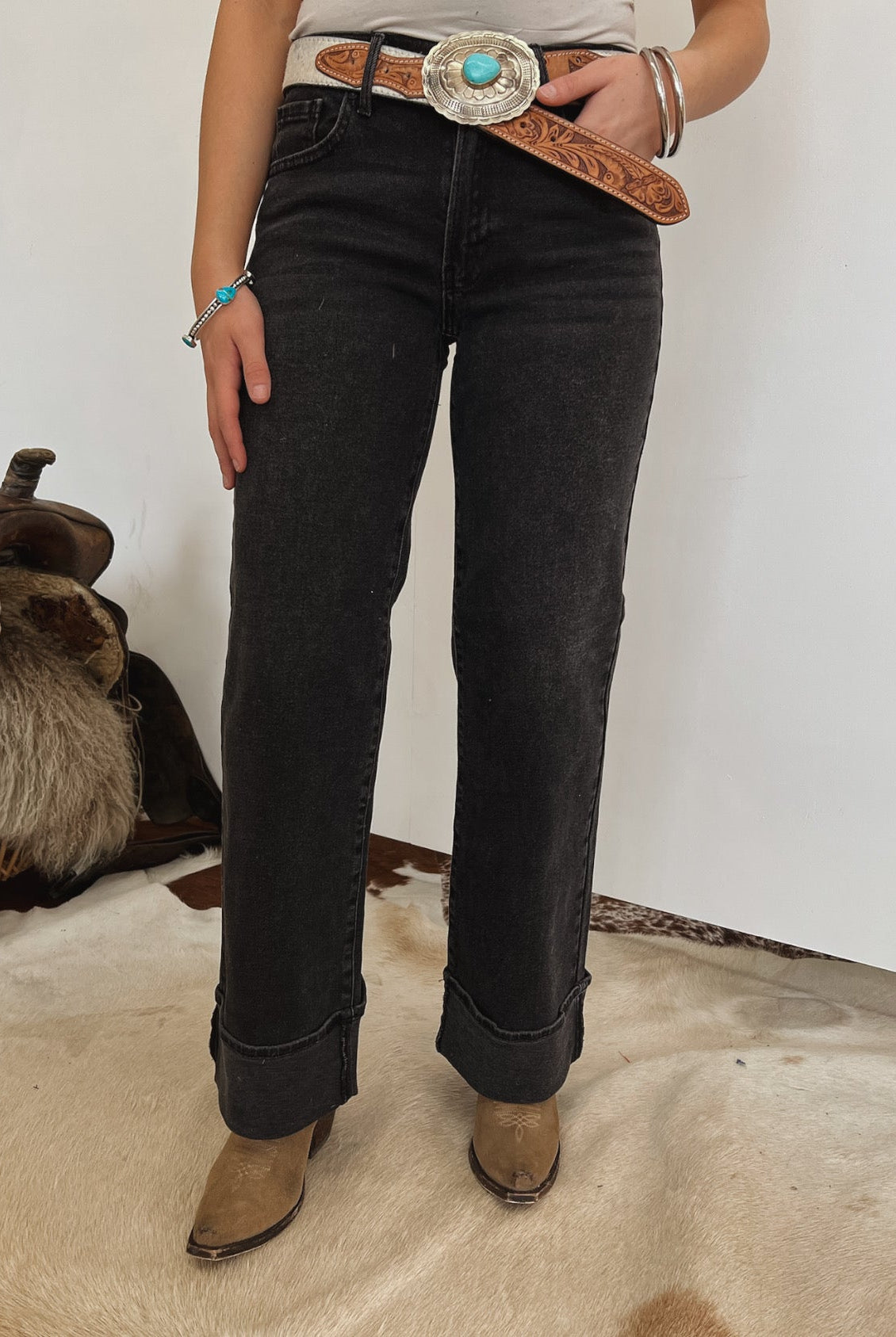 Black Canyon Wide Leg Cuffed Denim (P854)