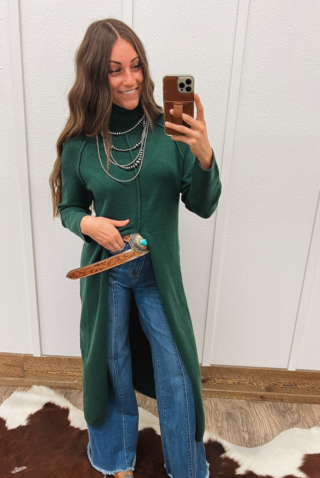 Turtle Neck Sweater Dress With Slit (Pine) Tops - Sweaters