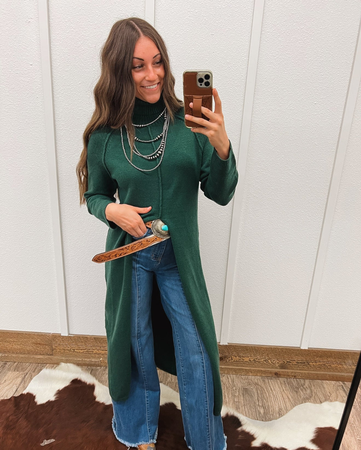 Turtle Neck Sweater Dress With Slit (Pine) Tops - Sweaters