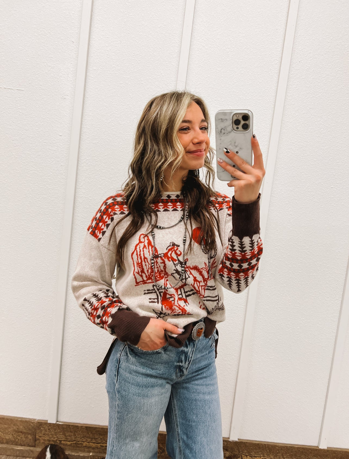 Bronc Ride Of The West Sweater(Brown/Red)