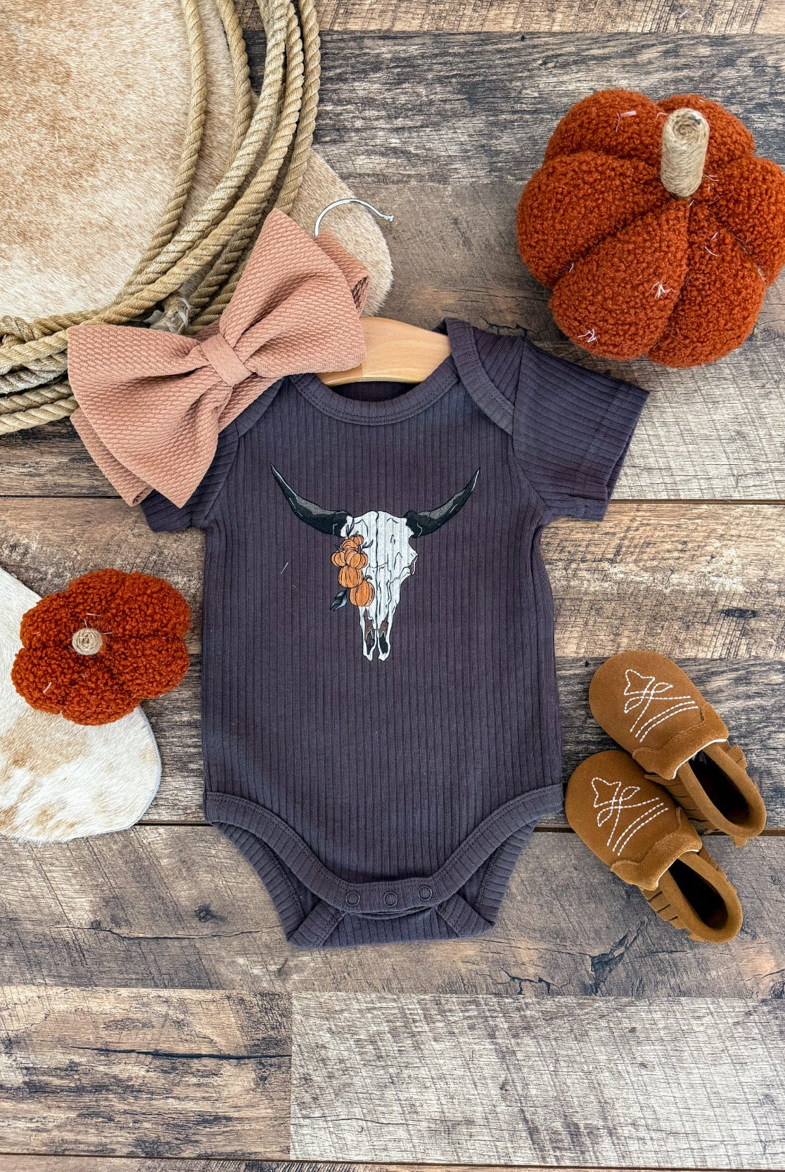 Pumpkin Bull Skull – Ribbed Onesie (Charcoal)