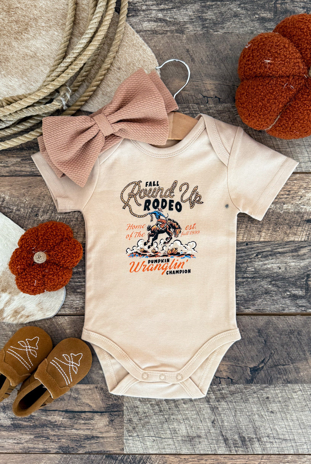 ’Fall Round Up Rodeo’ – Pumpkin Wranglin’ Champion Tee/Onesie (Infant Toddler Youth)