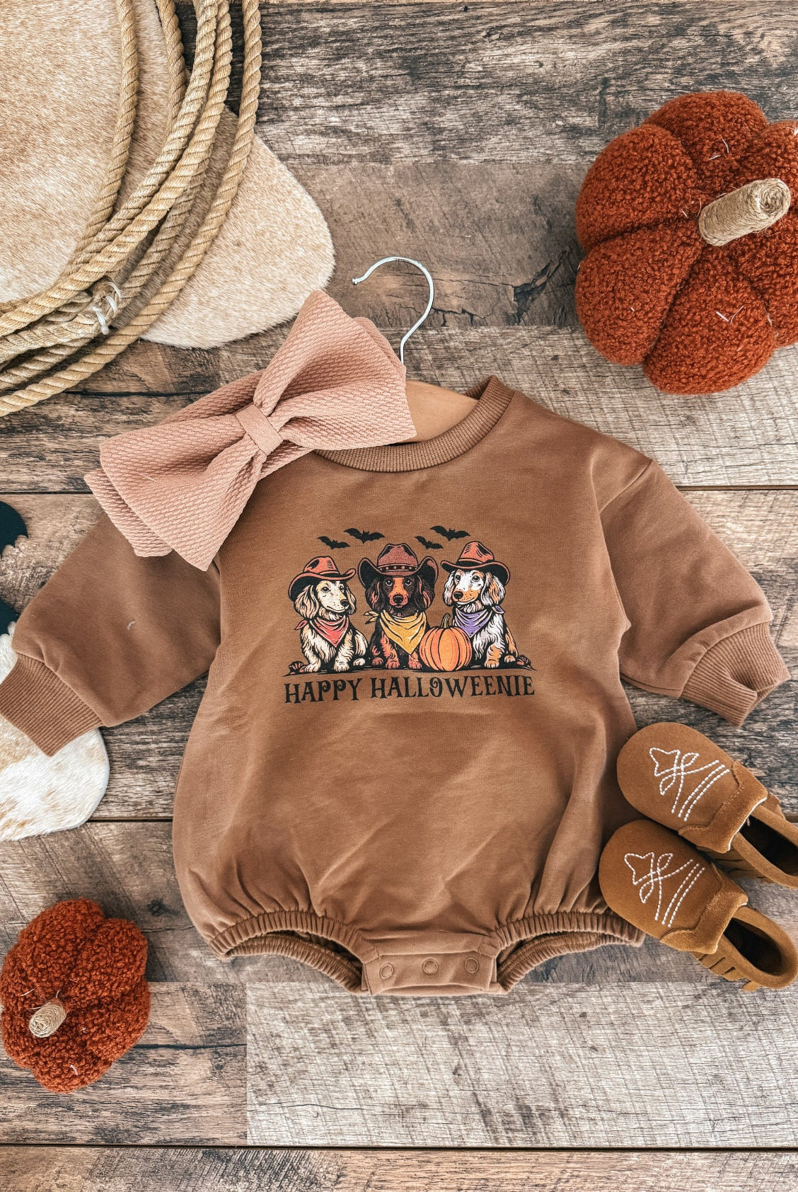 “Happy Halloweenie” Bubble Romper(Brown)