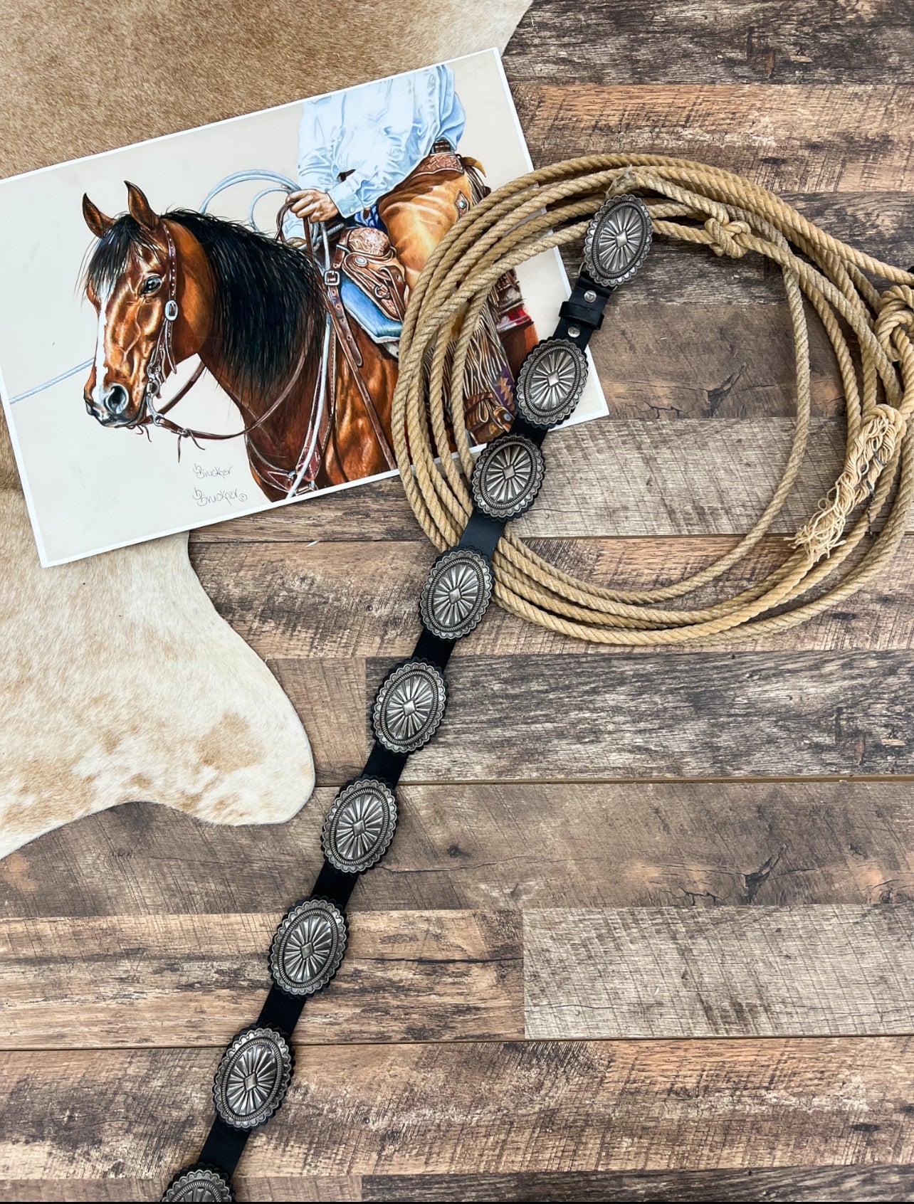 Vintage Leather Silver Concho Belt (Black)