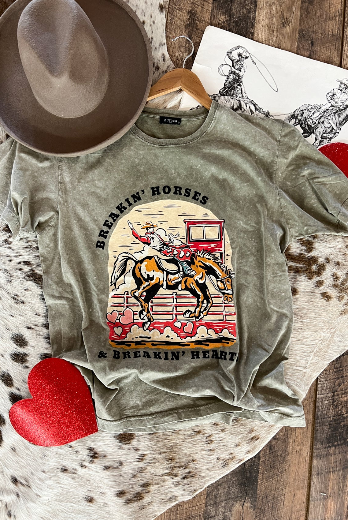 Breakin’ Horses & Breakin Hearts Valentines Tee (Adult)(Stone Wash Green)