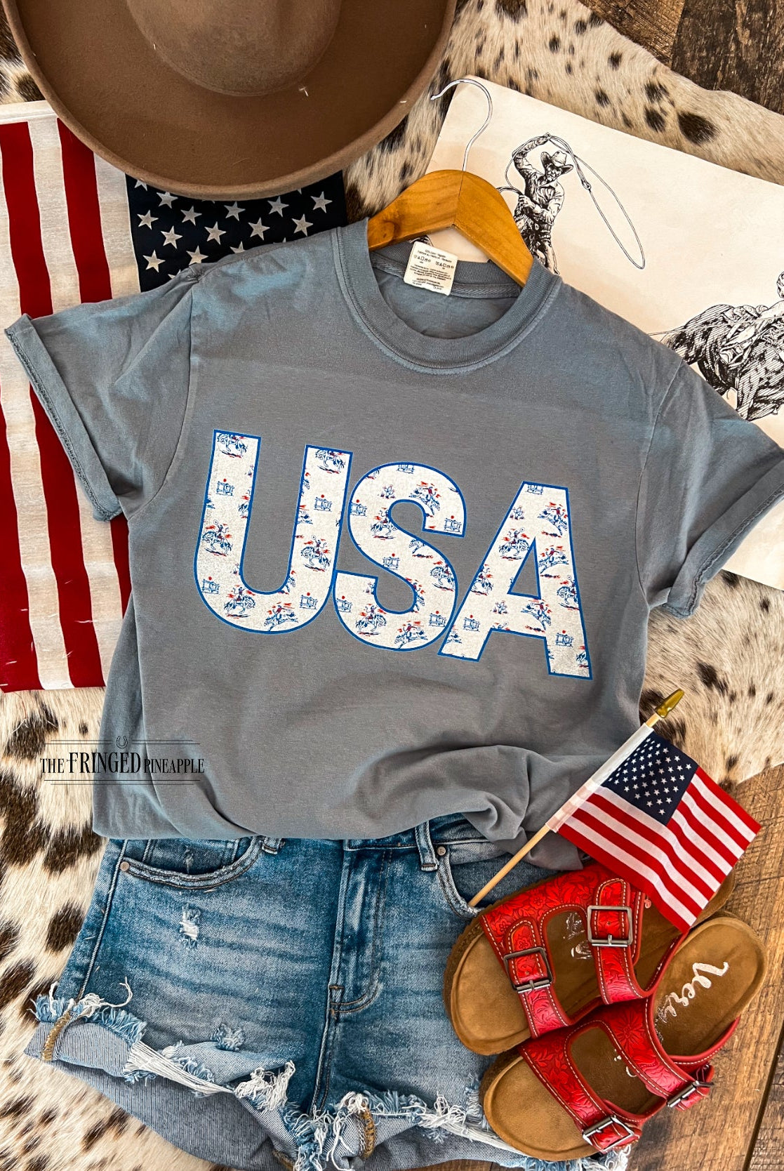Western 4th Of July- USA Cowgirl Slate Blue Tee
