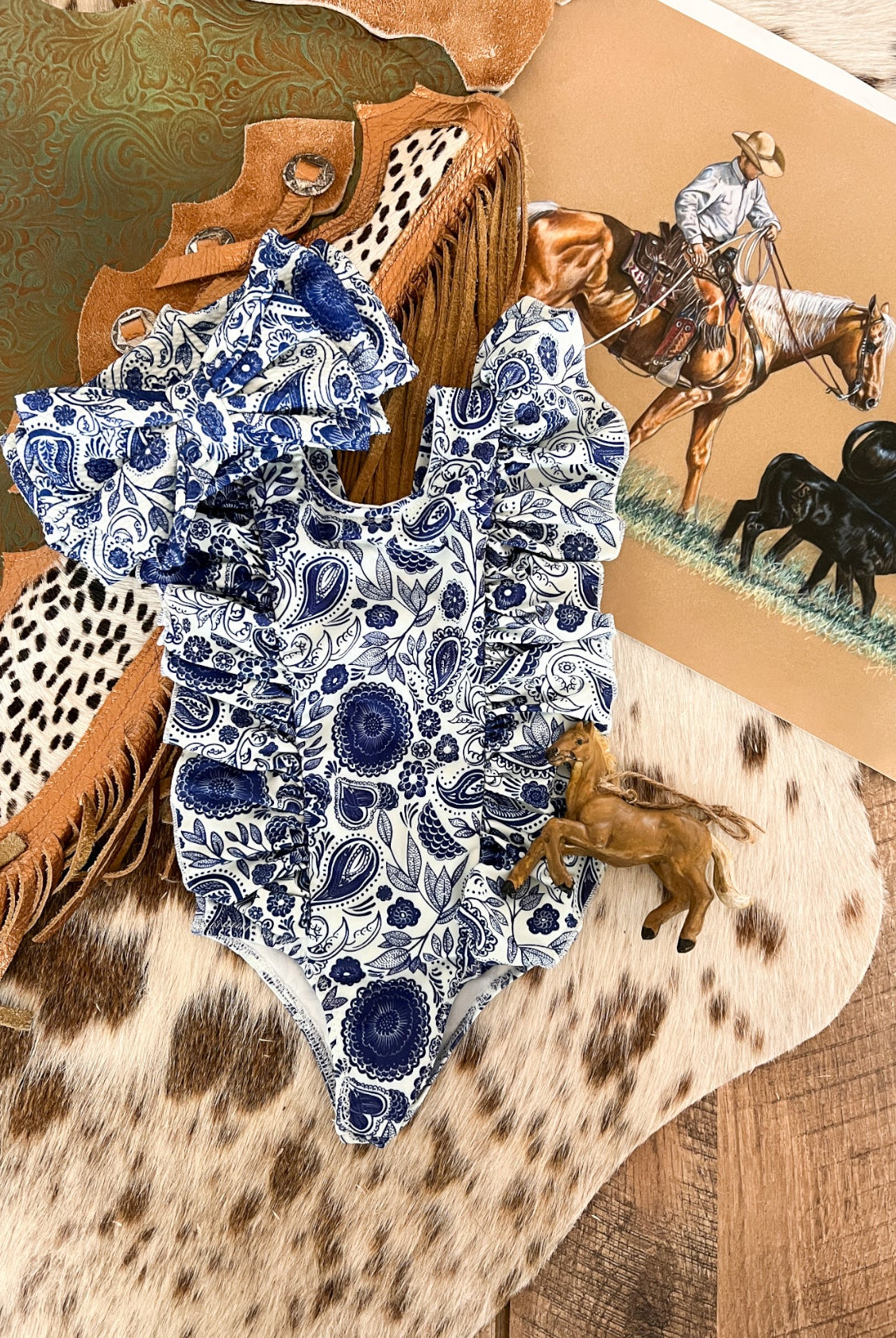 Dreamin Blue Paisley Ruffle Swimsuit 6/7T(2XL)