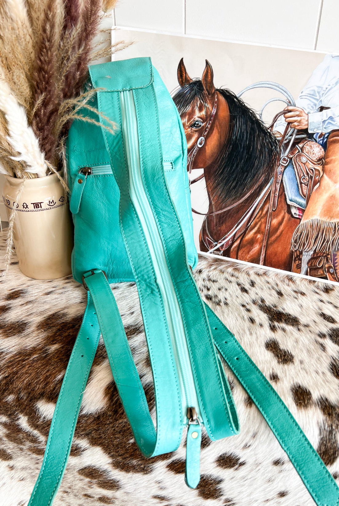 Mini Cowhide Turquoise Leather Backpack/Bum Bag