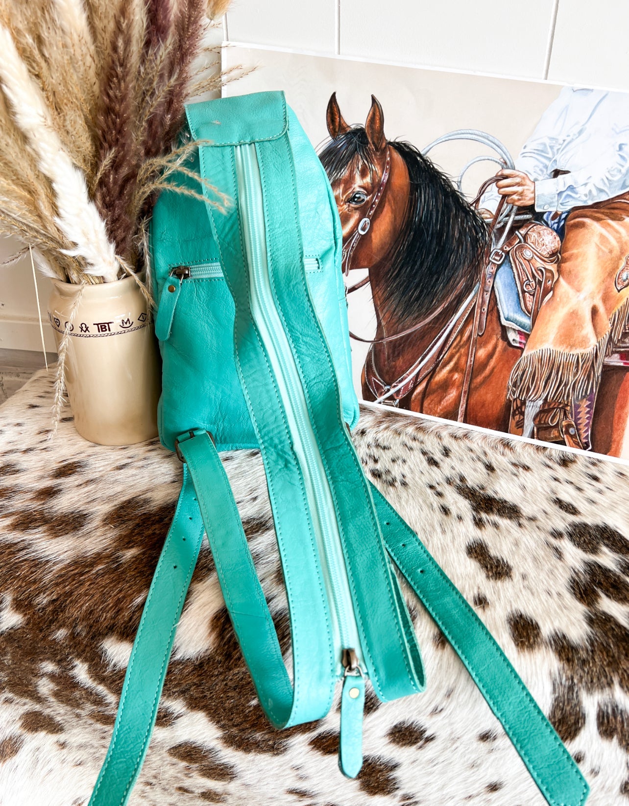 Mini Cowhide Turquoise Leather Backpack/Bum Bag