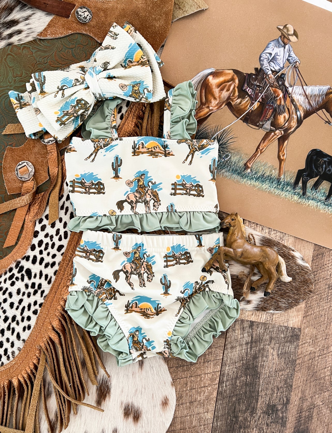 Buckaroo Ranch Bronc W/Sage Ruffle Two Piece Swimsuit (Minis)