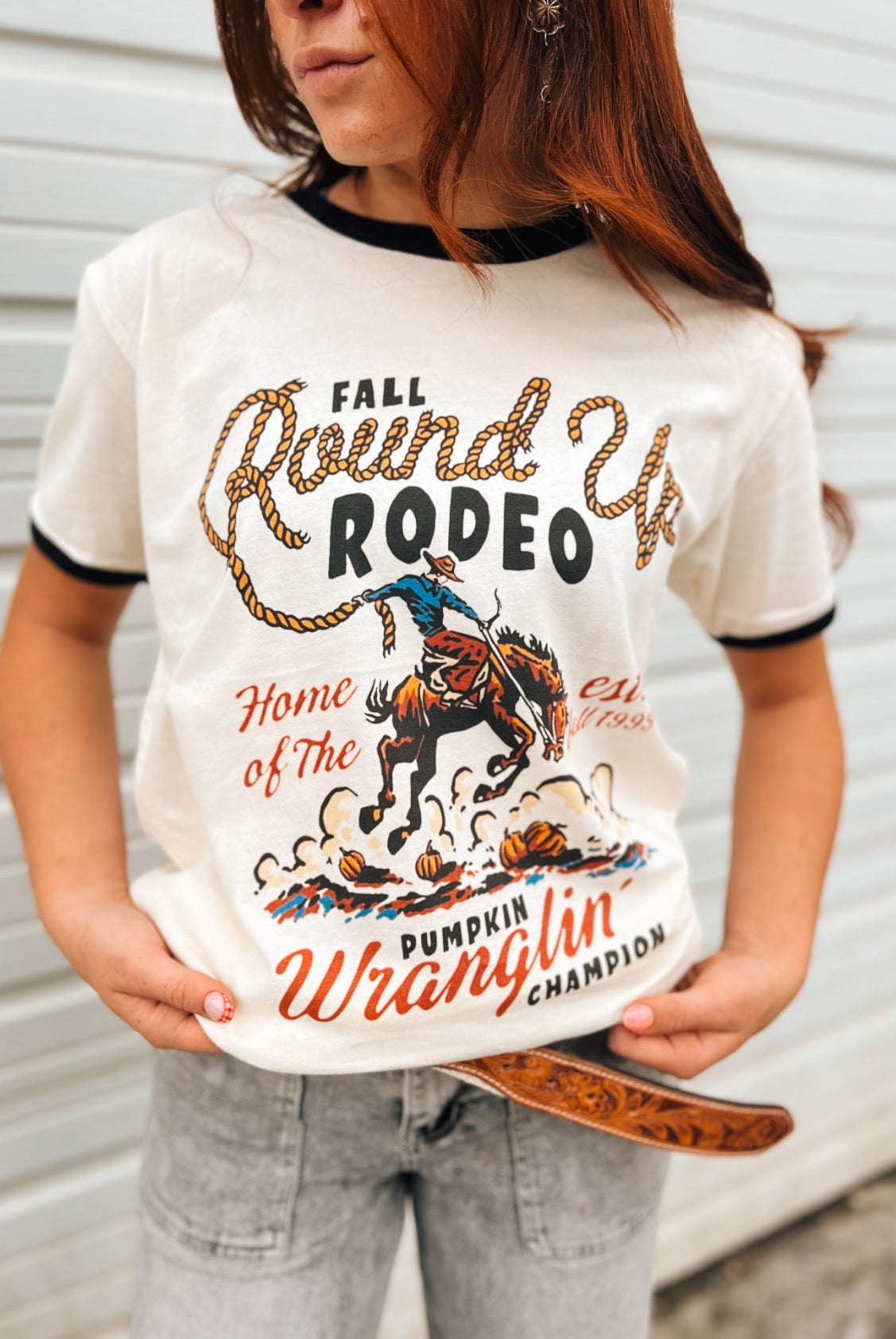 Fall Round-Up Rodeo “Pumpkin Wranglin’ Champion” Ringer Tee(Cream/Black)
