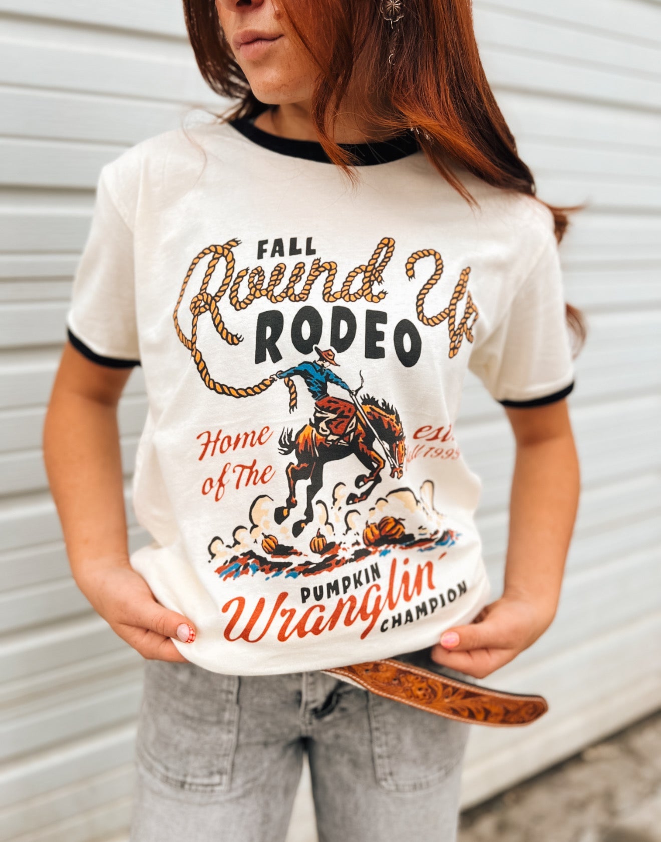 Fall Round-Up Rodeo “Pumpkin Wranglin’ Champion” Ringer Tee(Cream/Black)