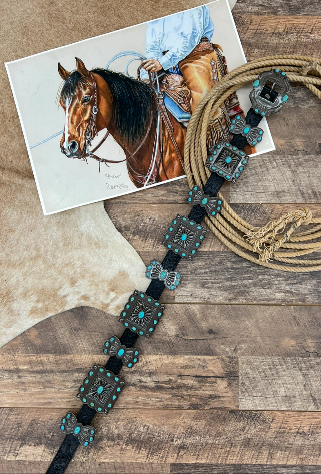 Tooled Turquoise Buckle Belt (Black)