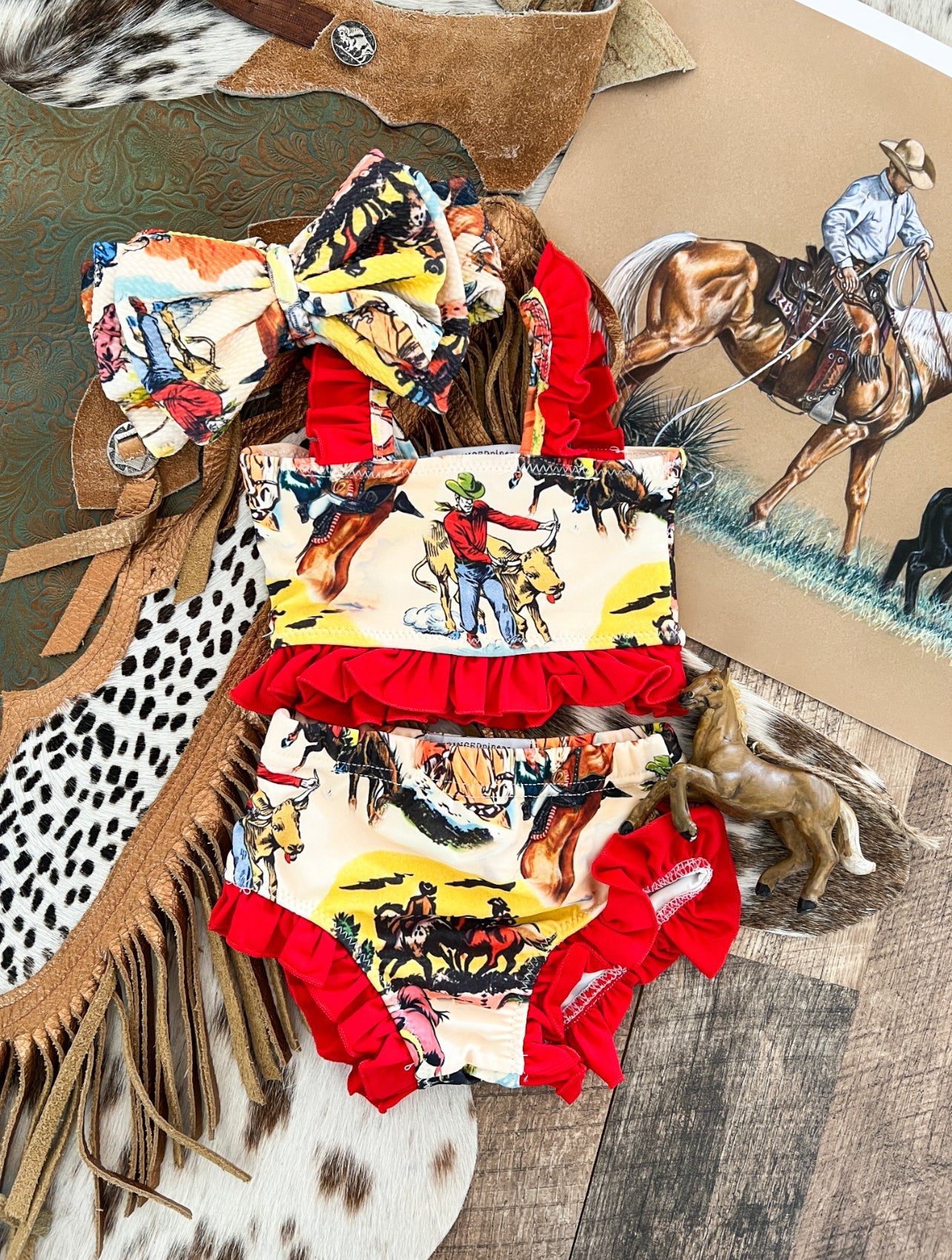 Western Ways W/Red Ruffle Two Piece Swimsuit (Minis) 0-3m (4xs)