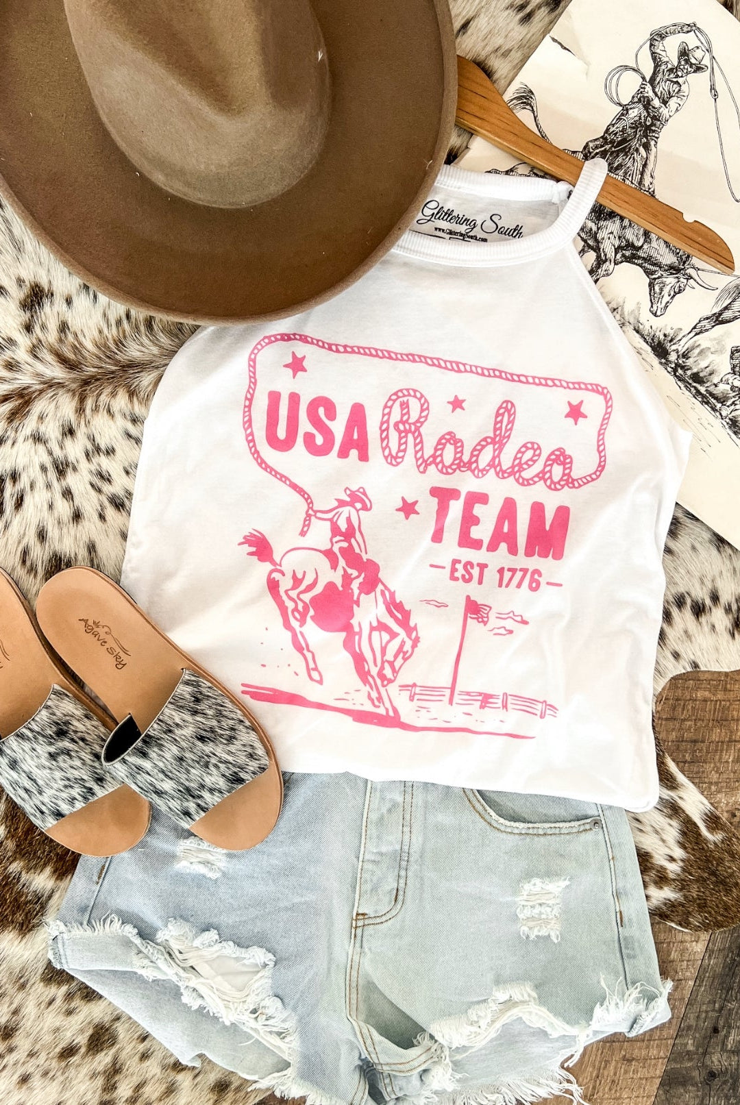 Western 4th Of July-USA Rodeo Team Pink Tank or Tee