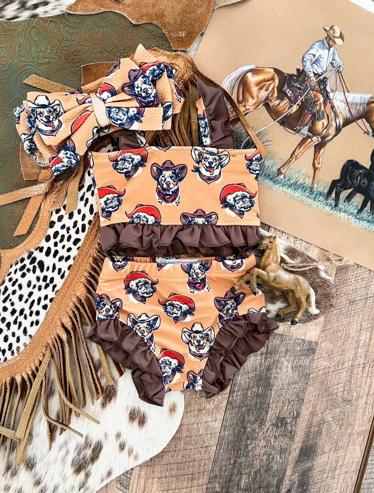 Ranch Dogs W/ Brown Ruffle Two Piece Swimsuit (Minis)