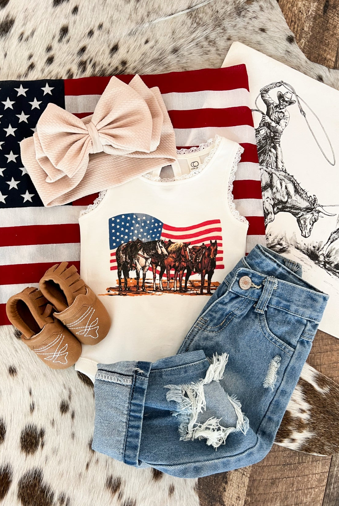 Freedom Flag Horses Lace Tank Onesie (little kid)(white)