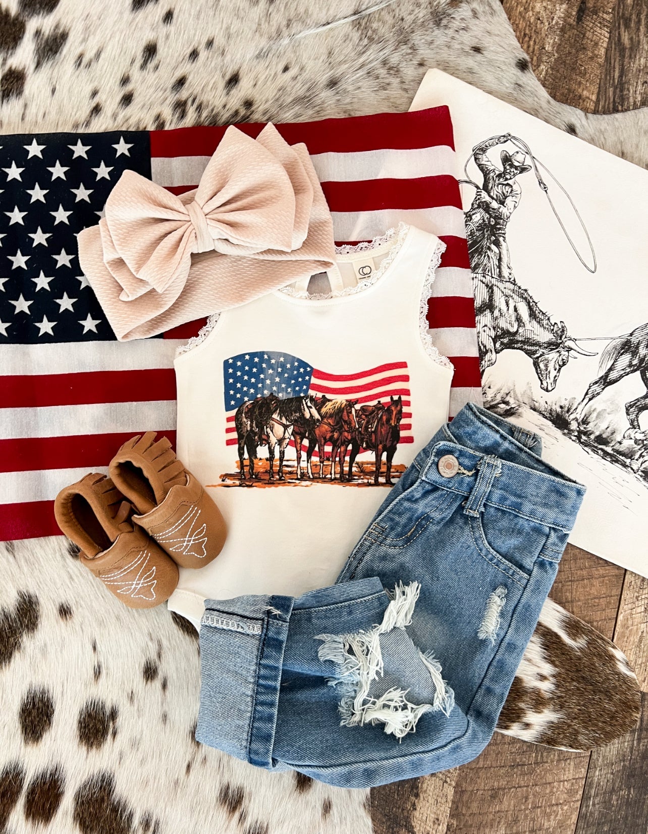 Freedom Flag Horses Lace Tank Onesie (little kid)(white)