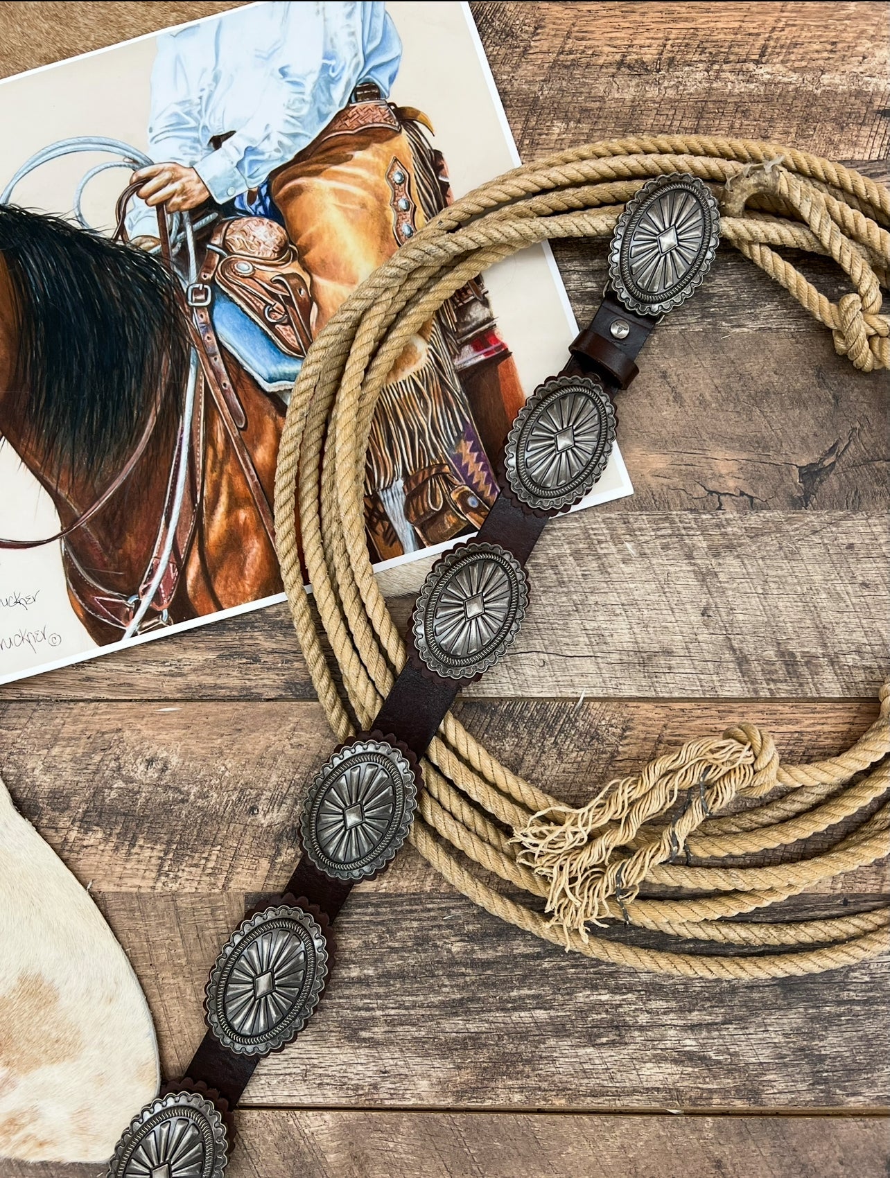 Vintage Leather Silver Concho Belt (Brown)