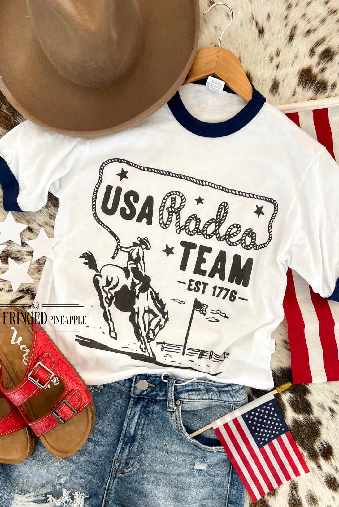 Western 4th Of July-USA Rodeo Team Black Ringer Tee(Navy)