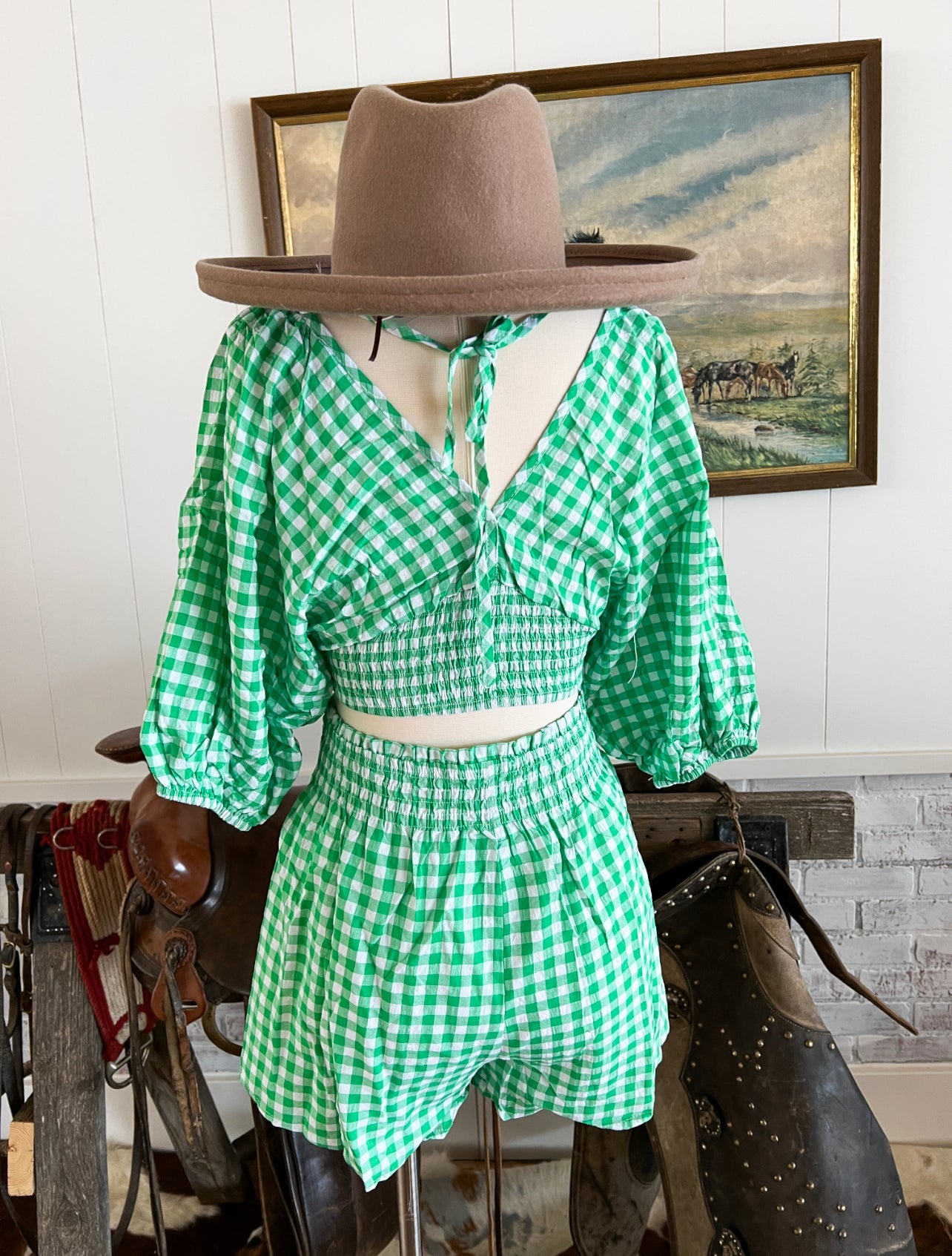 Tillie Smocked Plaid Shorts Set(Green) S