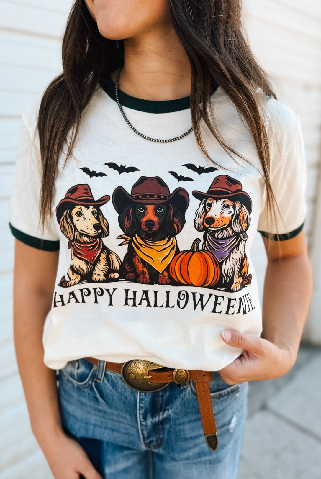 Halloweenie Ringer Tee(Cream/Forest Green)