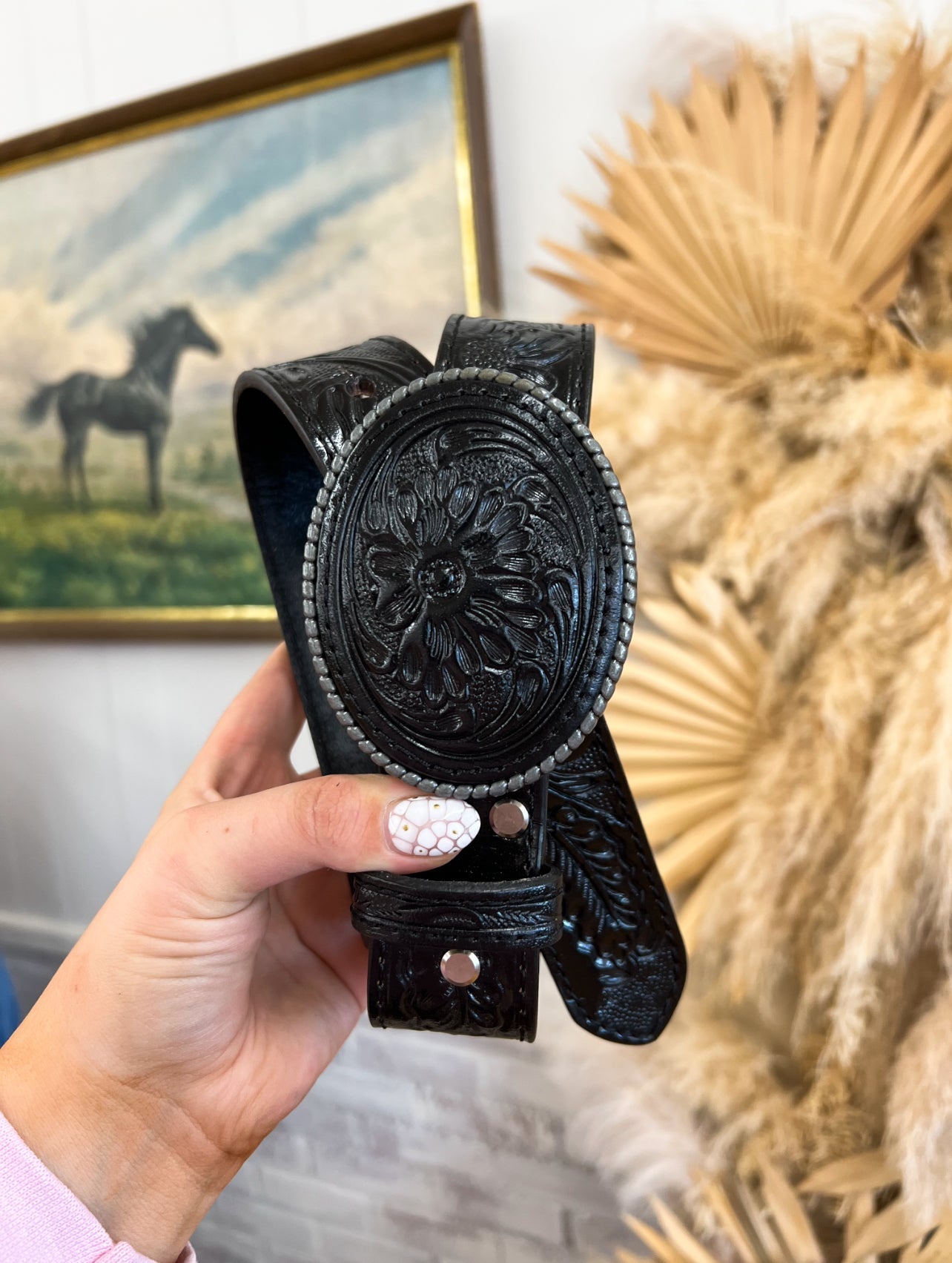 Tooled Black Floral Oval Buckle Belt