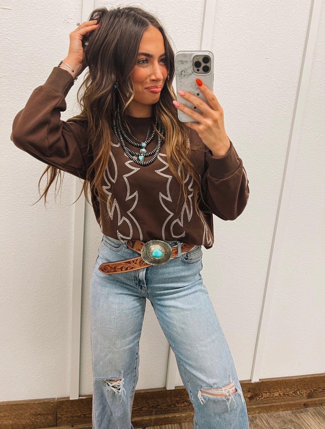 Western Bootstitch Sweatshirt Tops - Sweaters