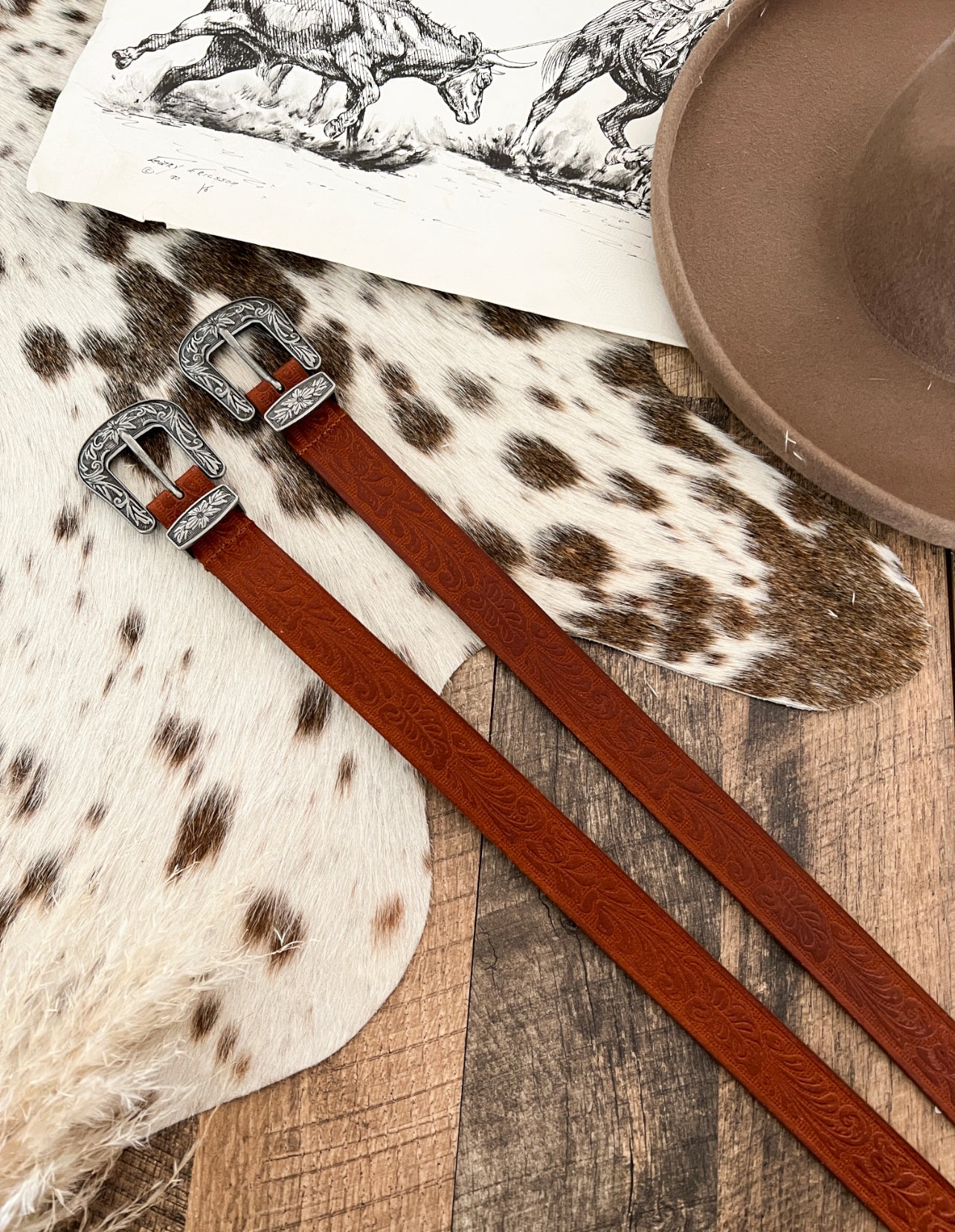 Western Dark Tooled Vintage Belt(Tan) AD101