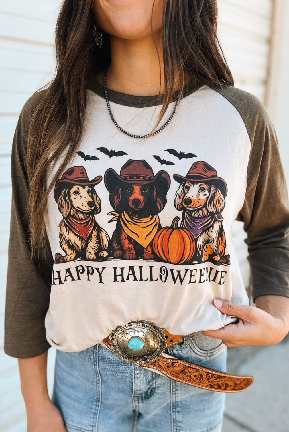 Happy Halloweenie– Raglan Tee(Tan/Brown)