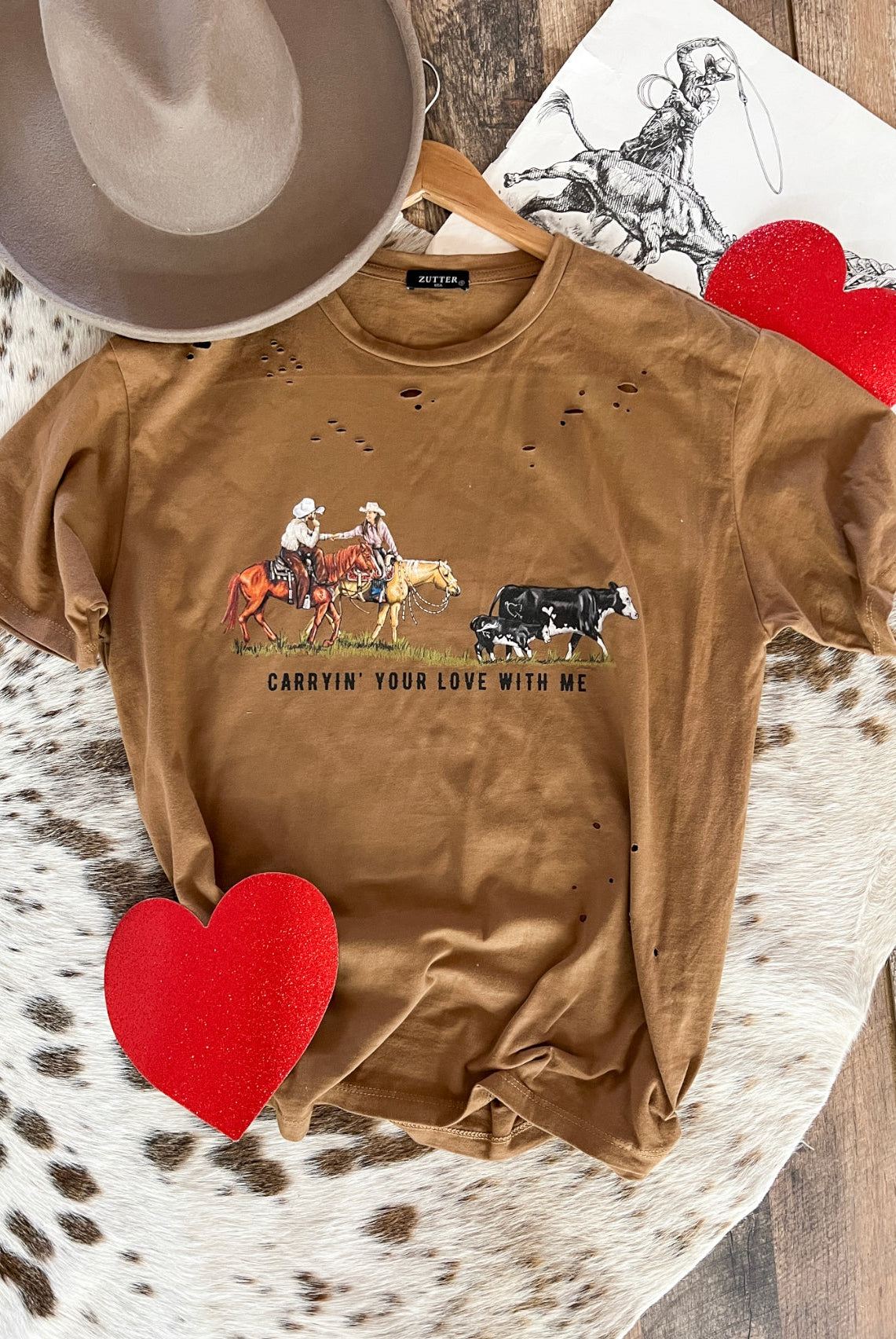 Carryin’ Your Love With Me Valentines Distressed Tee(Adult)(Copper)