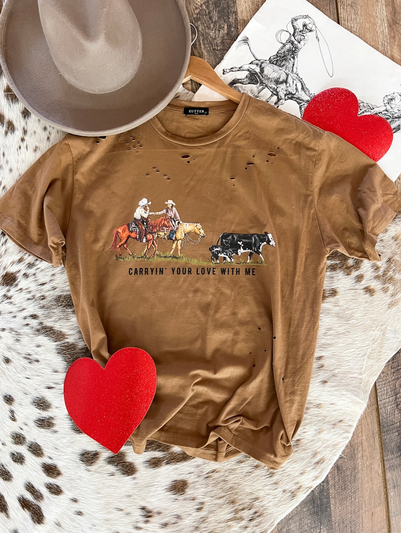 Carryin’ Your Love With Me Valentines Distressed Tee(Adult)(Copper)