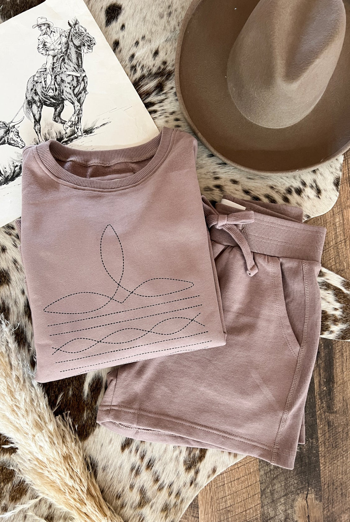 Western Boot Stitch Shorts Set(Cropped Light Purple)