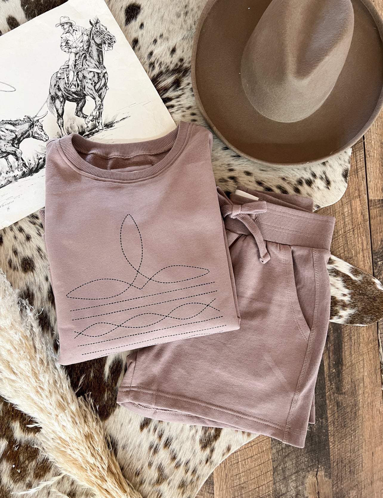 Western Boot Stitch Shorts Set(Cropped Light Purple)