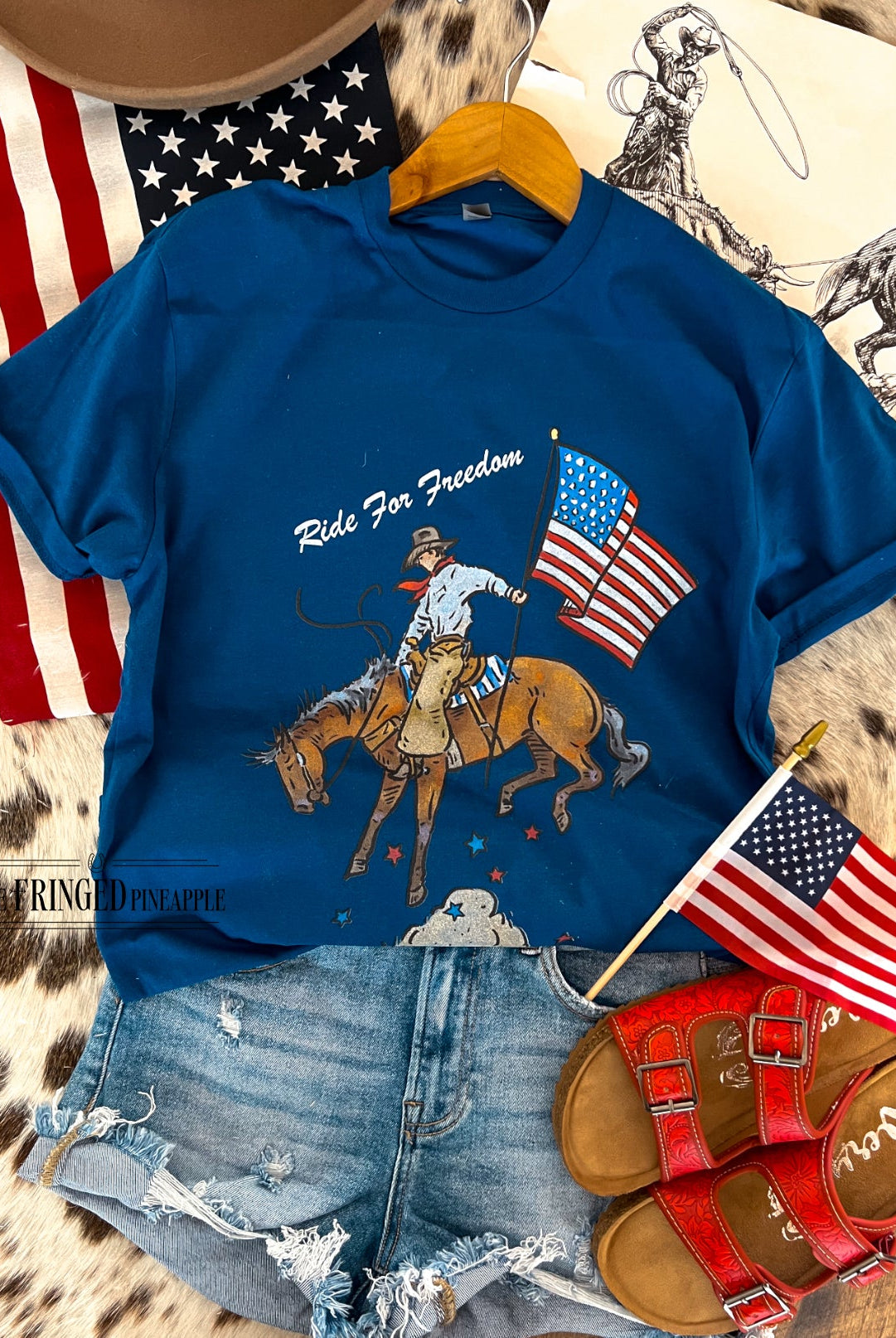 Western 4th Of July- Ride For Freedom Cody Tee(Dk Blue)