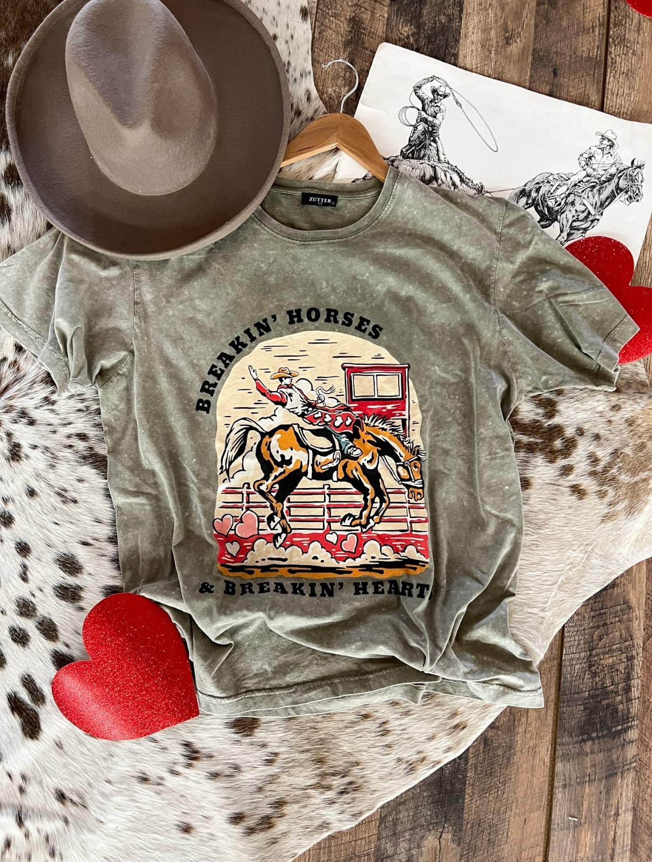 Breakin’ Horses & Breakin Hearts Valentines Tee (Adult)(Stone Wash Green)