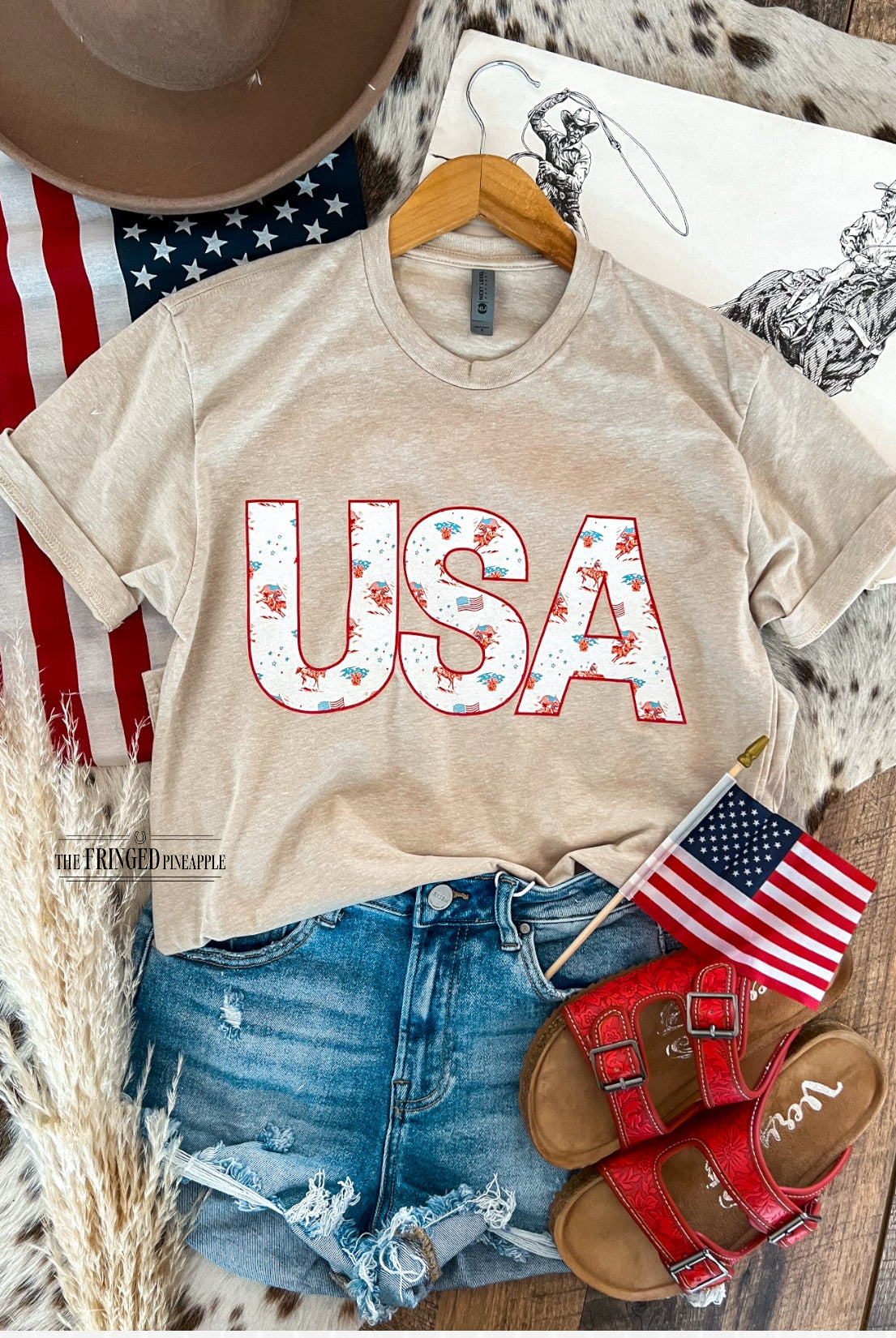 Western 4th Of July- USA Cowboy Sand Tee
