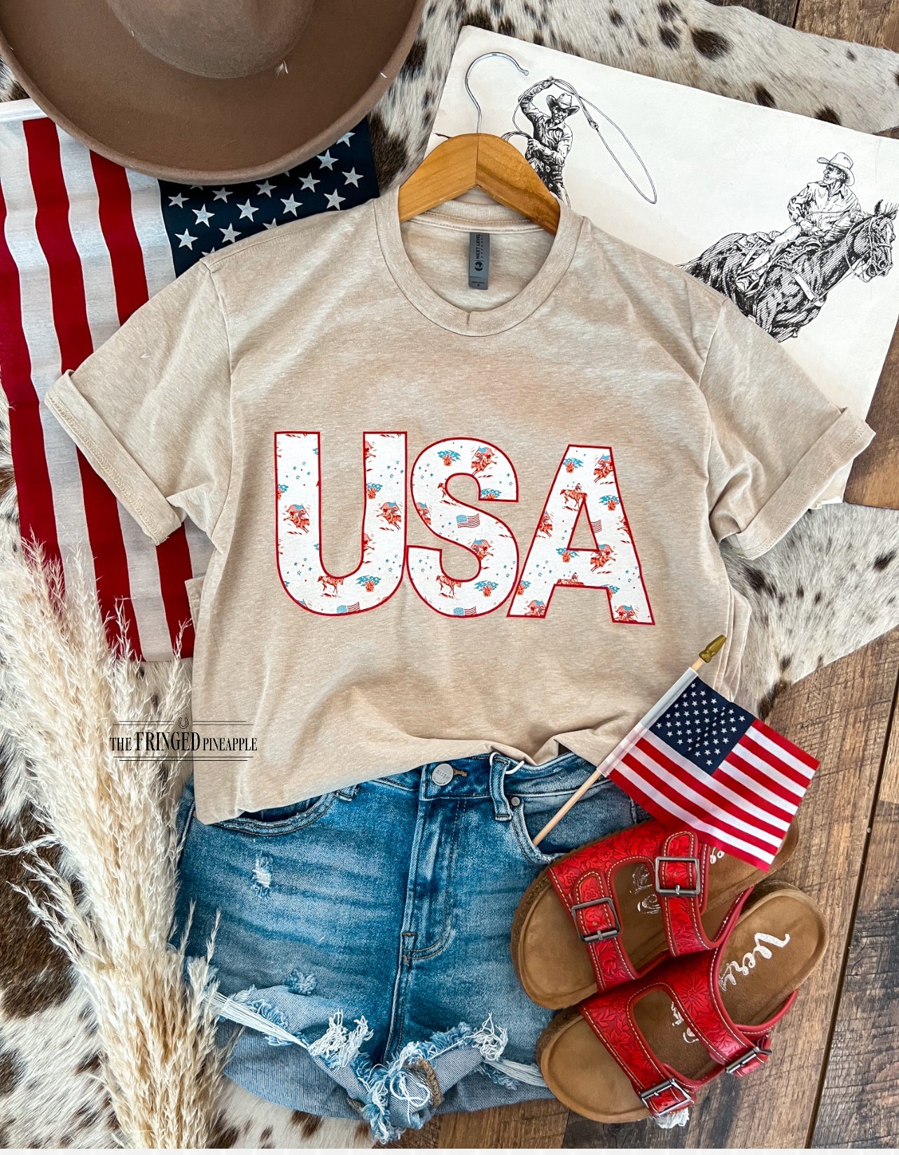 Western 4th Of July- USA Cowboy Sand Tee