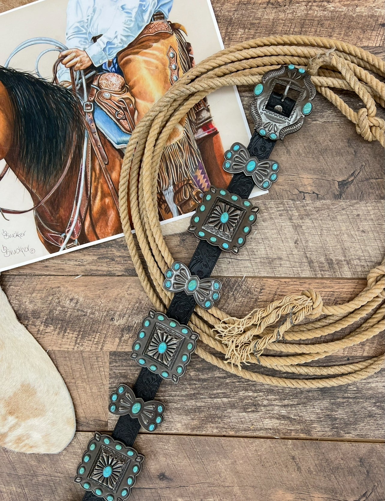 Tooled Turquoise Buckle Belt (Black)