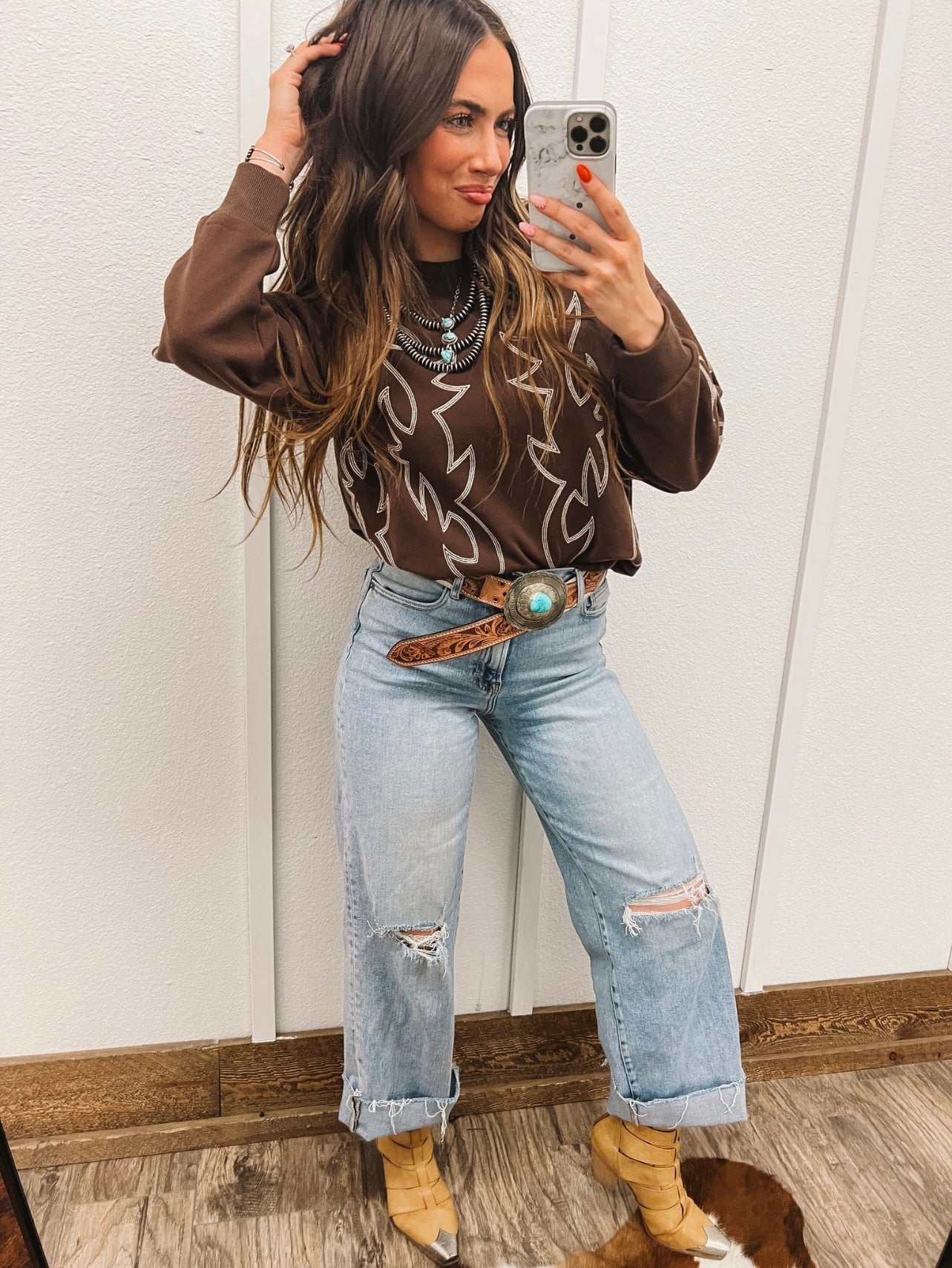 Western Bootstitch Sweatshirt Tops - Sweaters