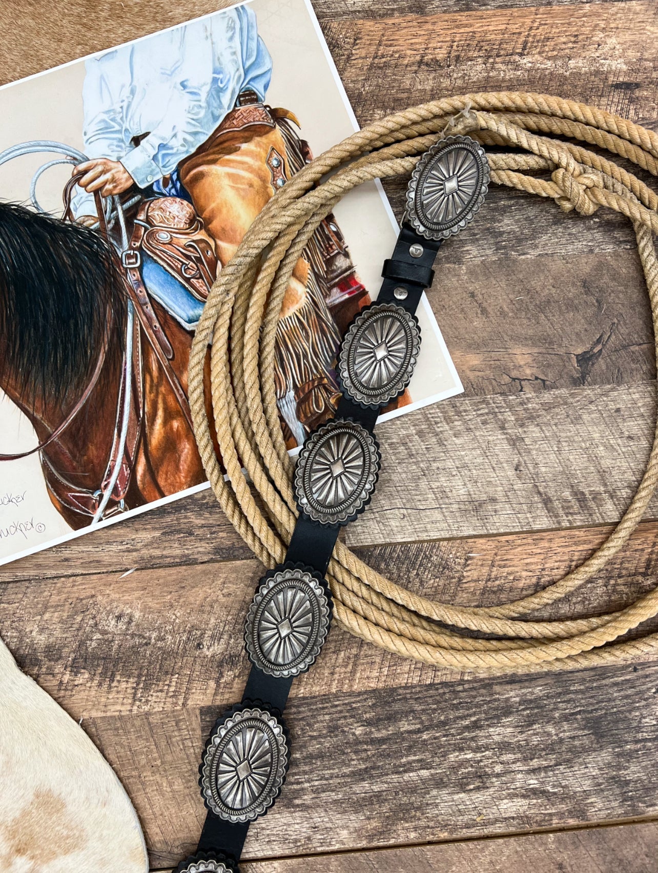 Vintage Leather Silver Concho Belt (Black)