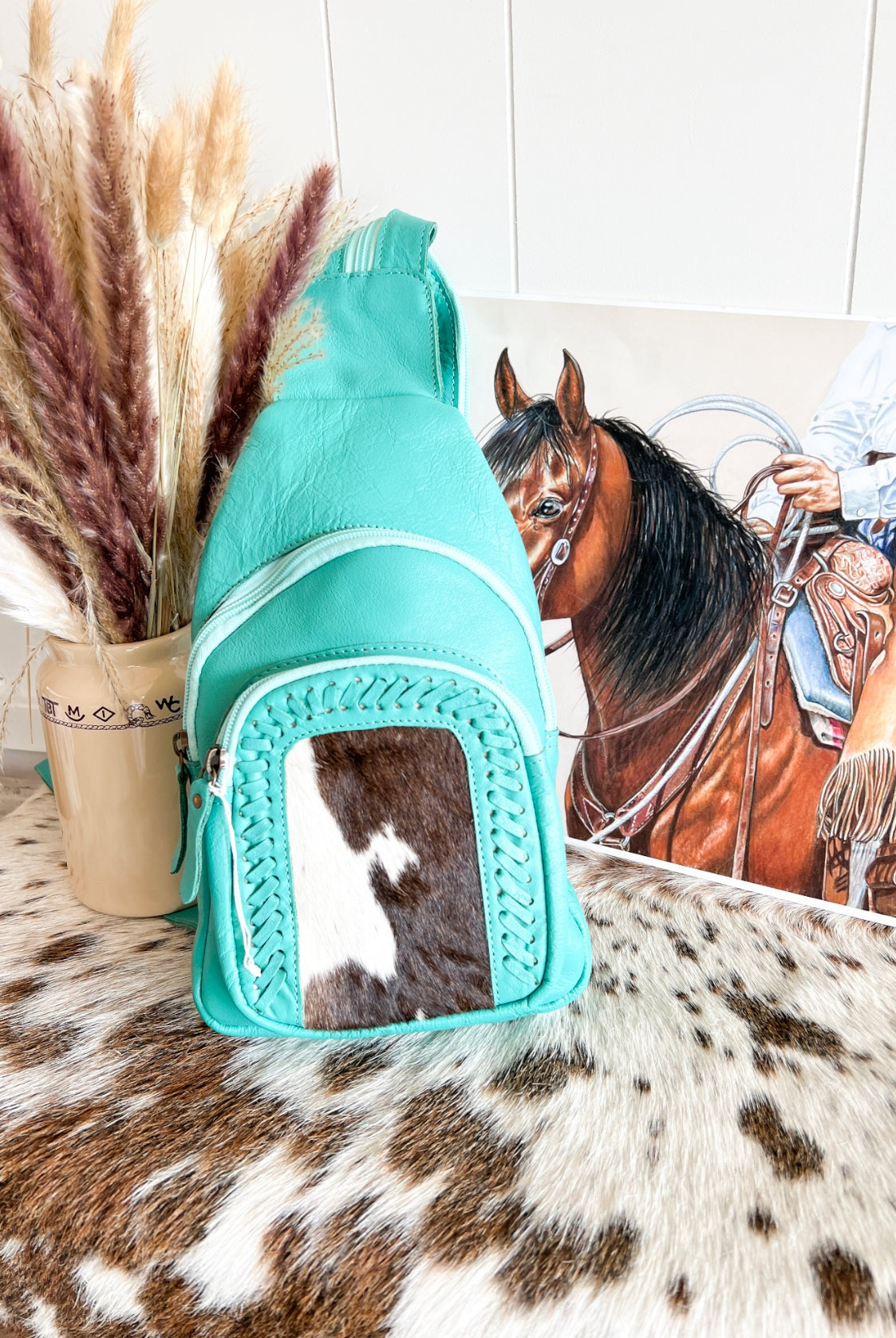 Mini Cowhide Turquoise Leather Backpack/Bum Bag