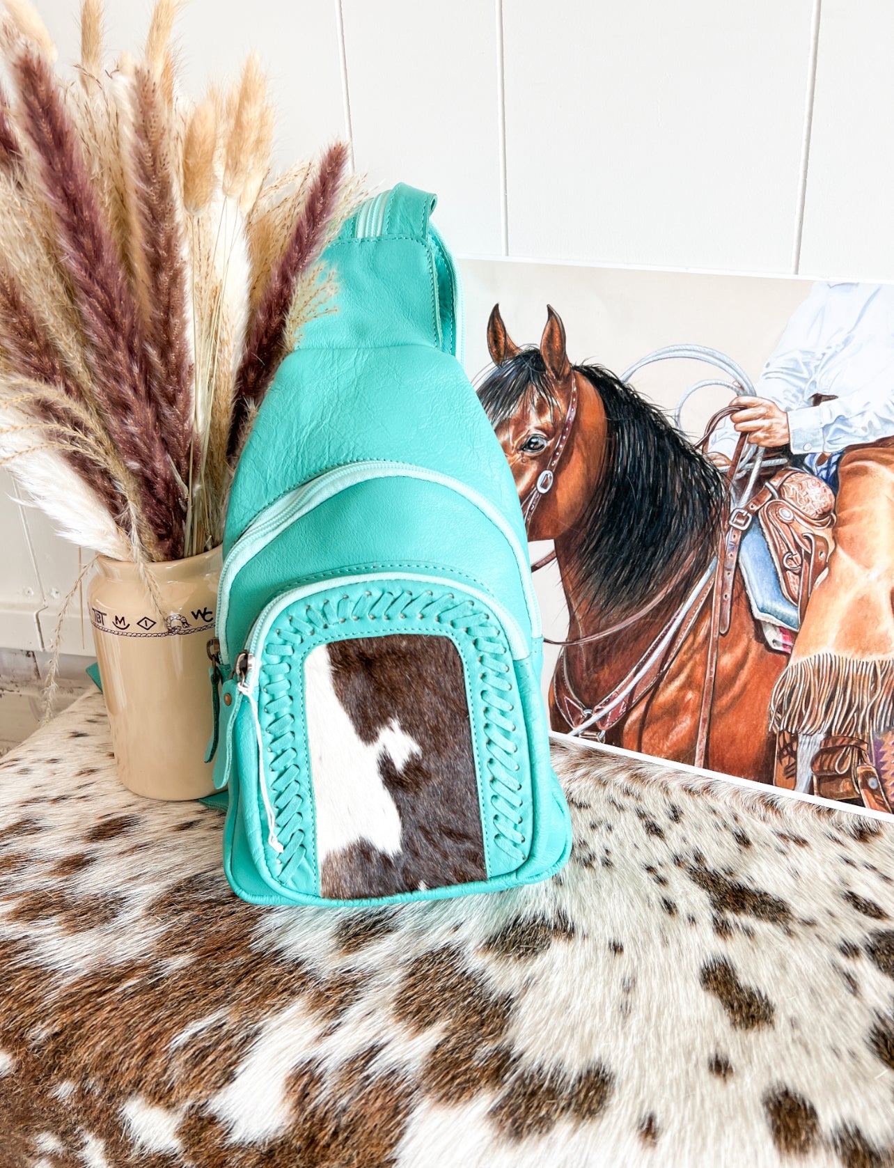 Mini Cowhide Turquoise Leather Backpack/Bum Bag