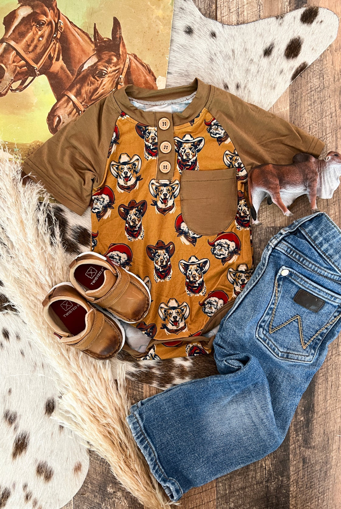 CowDogs Button Short Sleeve Onesie 4T