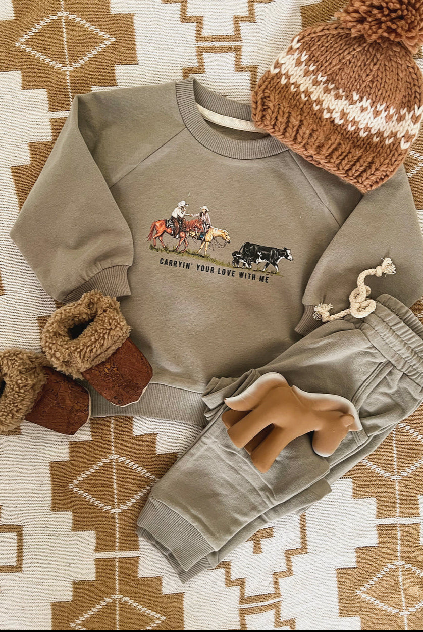 Carryin’ Your Love With Me Sweatshirt Set (Infant/Toddler)(Sage)